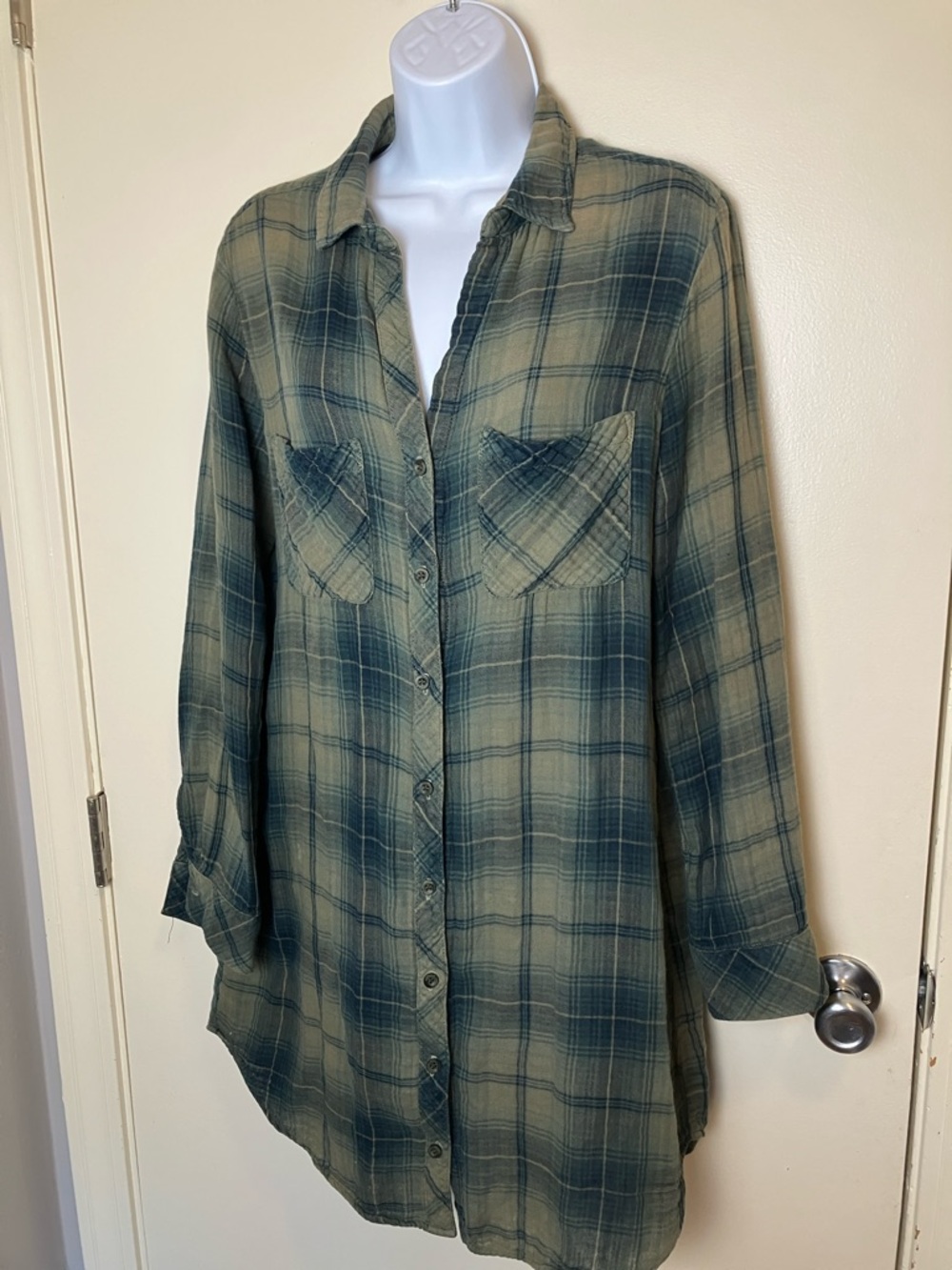 Side Stitch LA Olive Green Plaid Button-Front Cotton Tunic Shirt Dress Size M